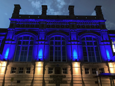 Image courtesy of Bedford Borough Council Ukraine Flag Lighting Corn Exchange