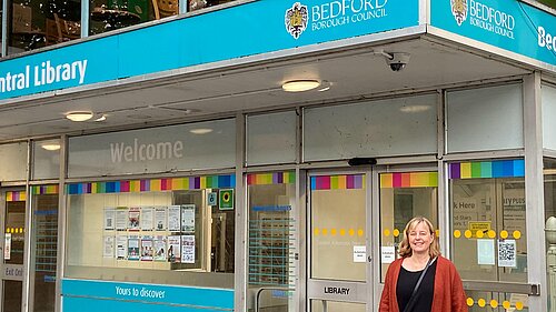 Hilde Hendrickx outside Bedford Central Library