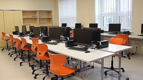 desks in a school classroom
