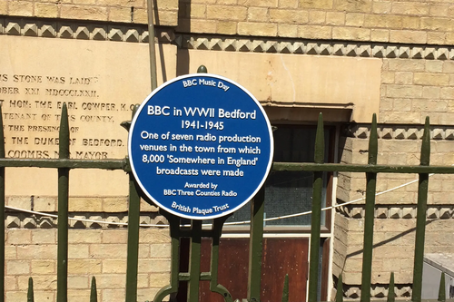 The Blue Plaque at Bedford Corn Exchange which Commemorates the BBC's Wartime Broadcasts from Bedford