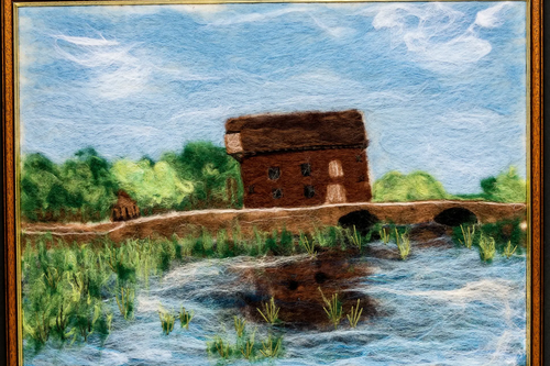 Cardington Mill: Needle felt picture of Cardington Mill by Emma Johnstone. Image courtesy of the Bedford Camera Club.