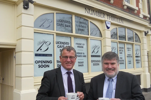 Mayor Dave Hodgson with Cllr Doug McMurdo outside Number Thirteen, the new front of house cafe-bar for Bedford Corn Exchange