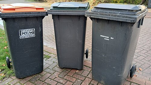 Three different waste bins for Bedford Borough