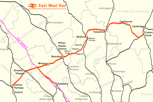 Map of East West Rail route