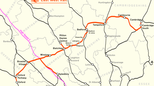 Map of East West Rail route