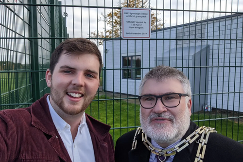 Mayor Dave Hodgson and Councillor Jake Sampson at the new 3G pitch at Mark Rutherford School