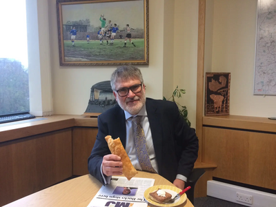 Mayor Dave Hodgson with his Bedfordshire Day Lunch of a Bedfordshire Clanger and Piece of Chocoalate Toothpaste